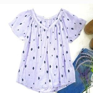 Lavender Bohamian Blouse, Flowy, Lightweight, V Neck Short Sleeve, Large